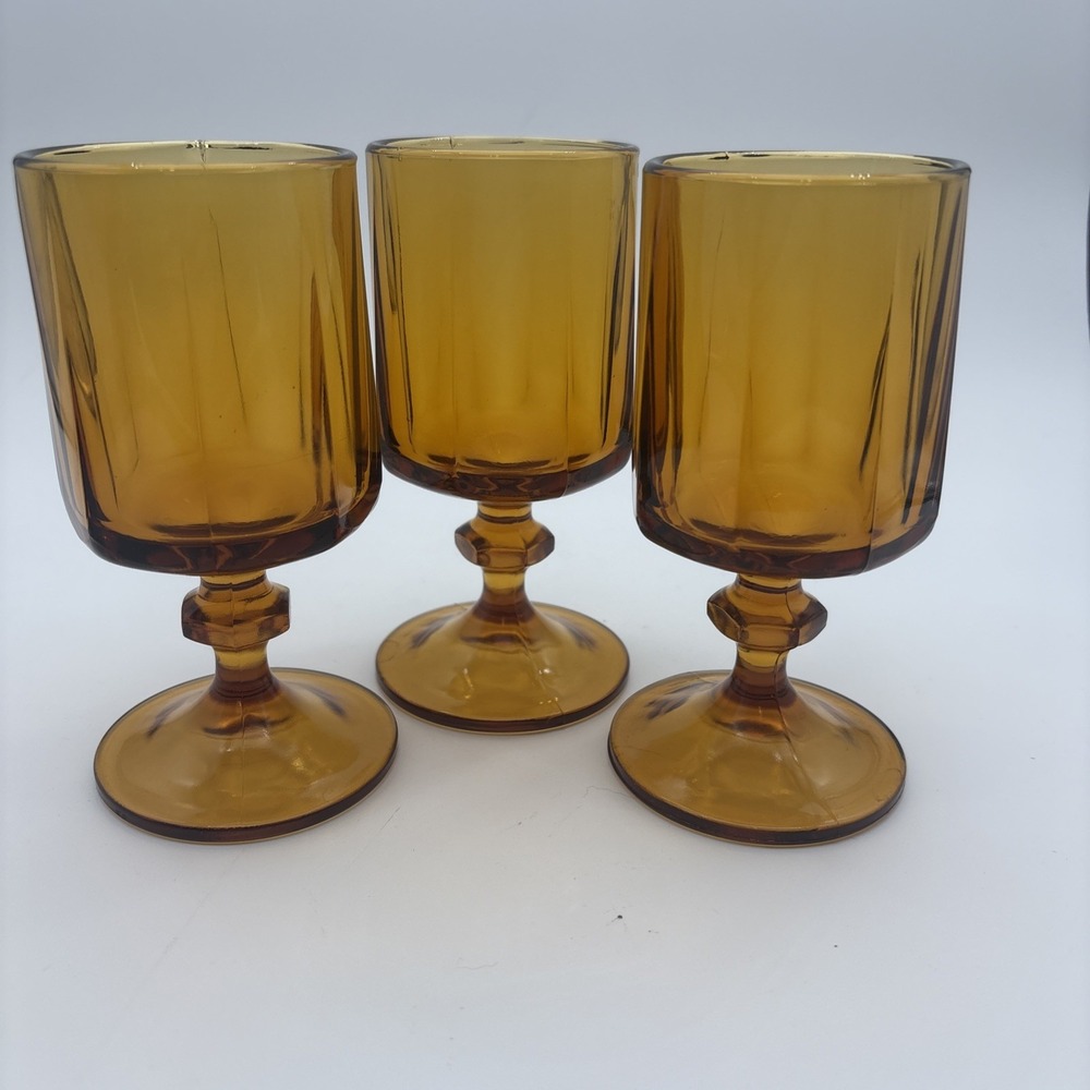Colony Glass Nouveau Set of 3 MCM Footed Amber Wine Water Goblets 5 1/2" Vintage